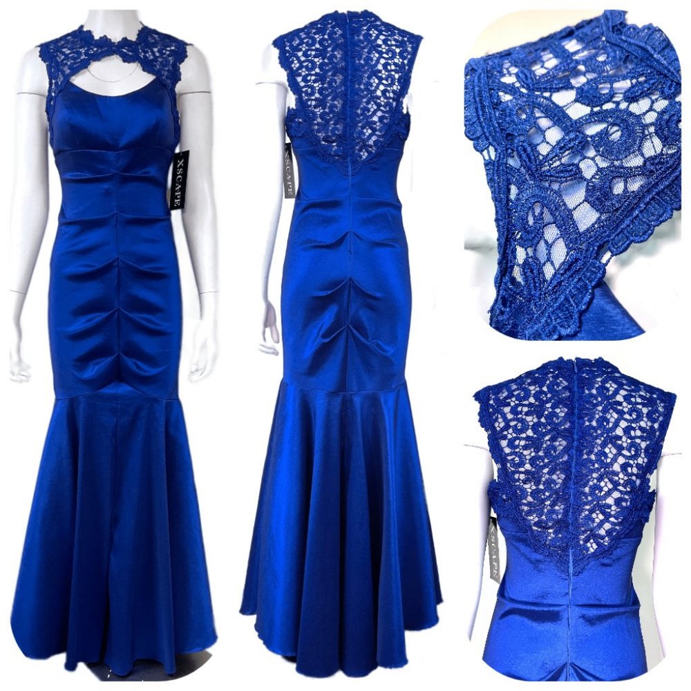 NWT XScape Ruched Stretch Taffeta and Lace Mermaid Cobalt Royal Blue Gown 6